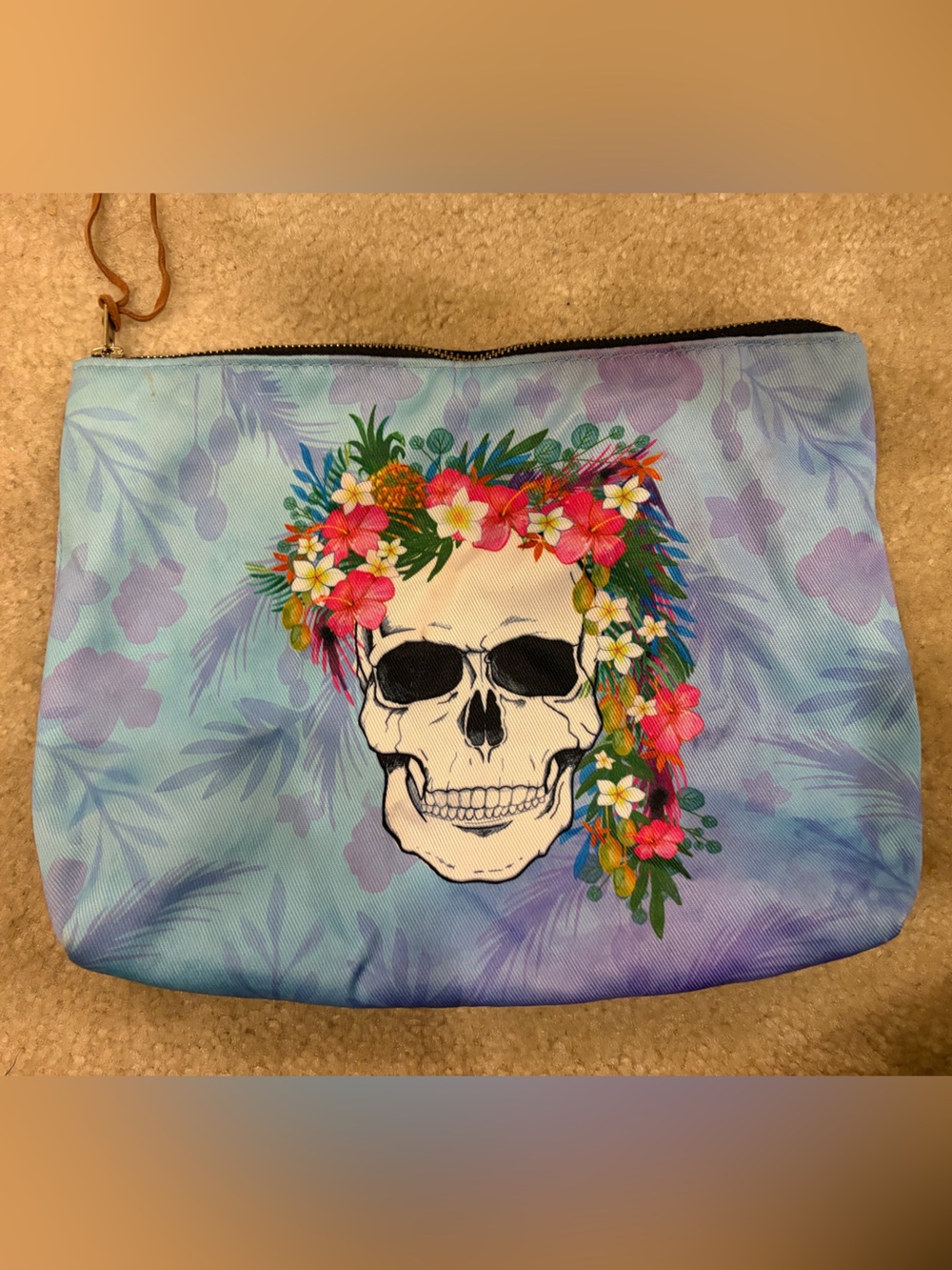 Pura Vida Floral Skull Cosmetic Pouch - Light Blue with Pink & Green Accents